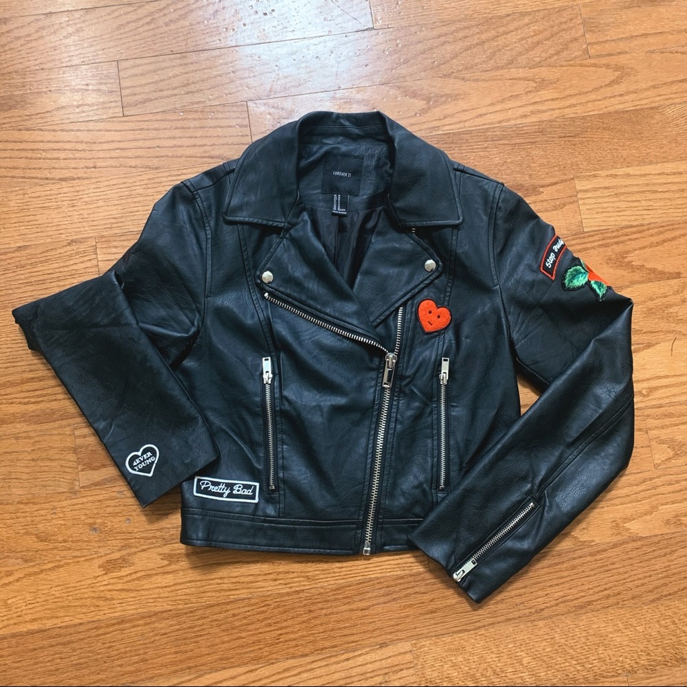 Forever 21 Patched Faux Leather Jacket Womens
